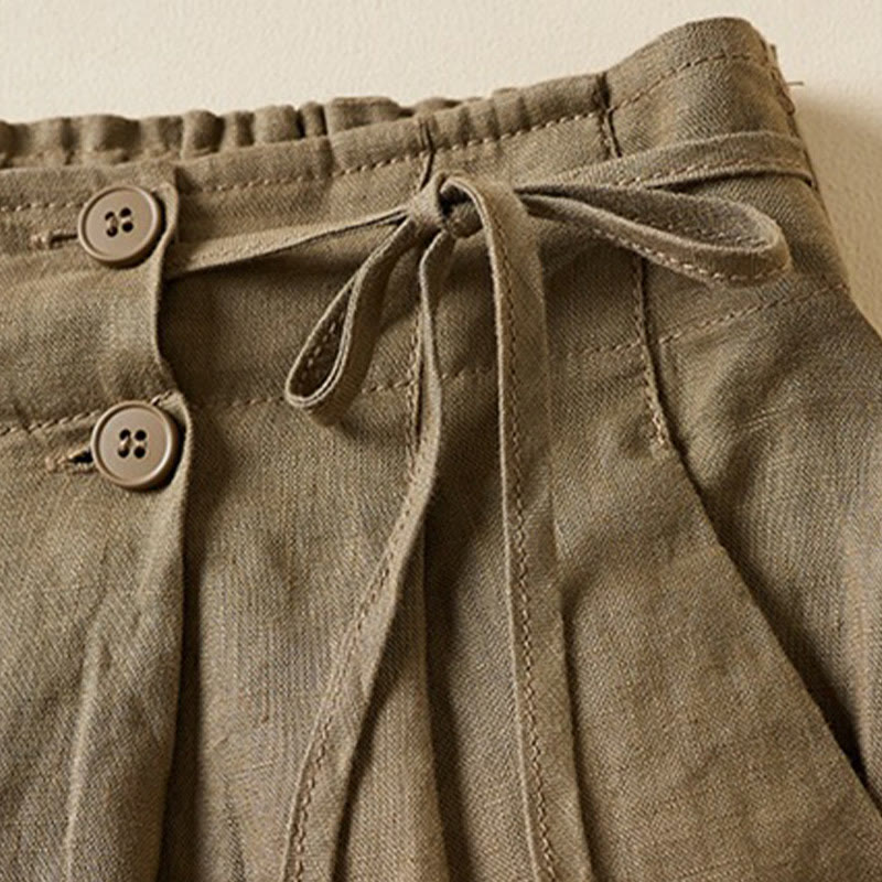 Pantaloncini da donna in cotone e lino con lacci, tinta unita, due bottoni, con tasche , Buddha Stones