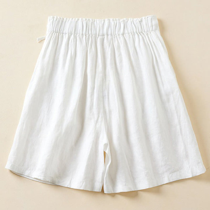 Pantaloncini da donna in cotone e lino con lacci, tinta unita, due bottoni, con tasche , Buddha Stones