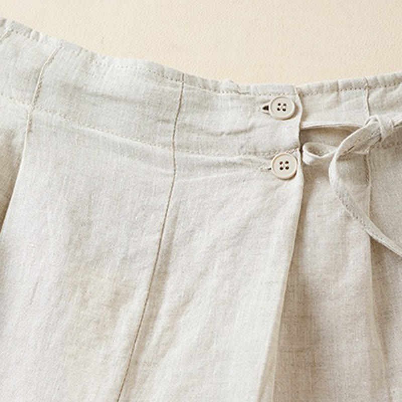 Pantaloncini da donna in cotone e lino con lacci, tinta unita, due bottoni, con tasche , Buddha Stones