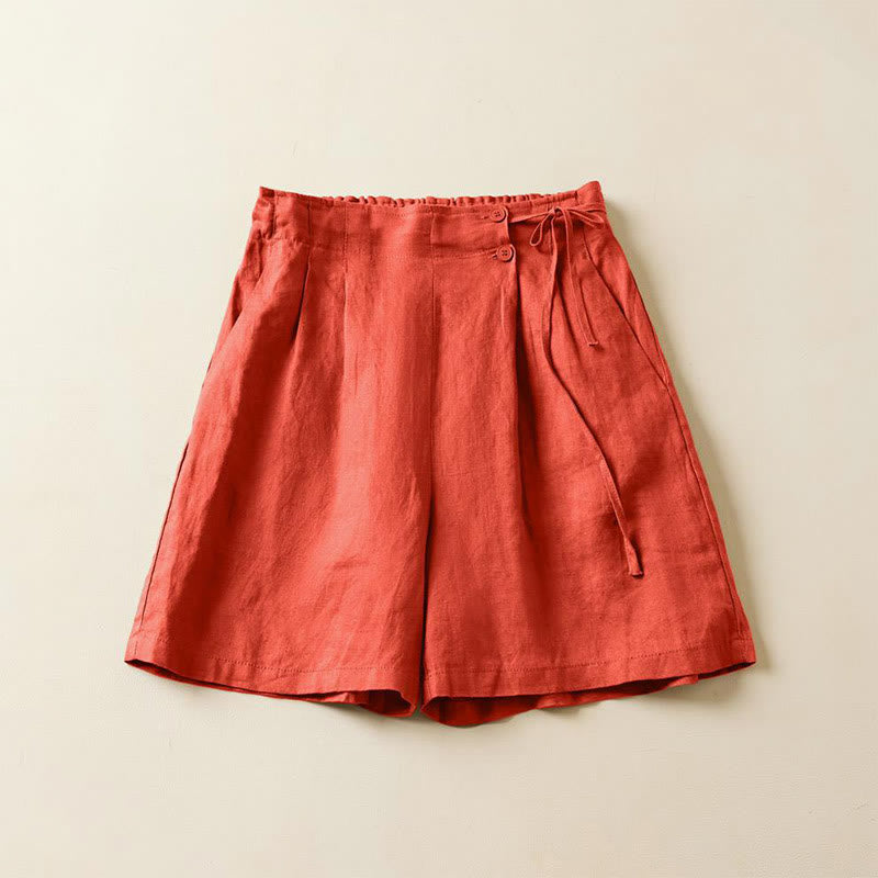 Pantaloncini da donna in cotone e lino con lacci, tinta unita, due bottoni, con tasche , Buddha Stones