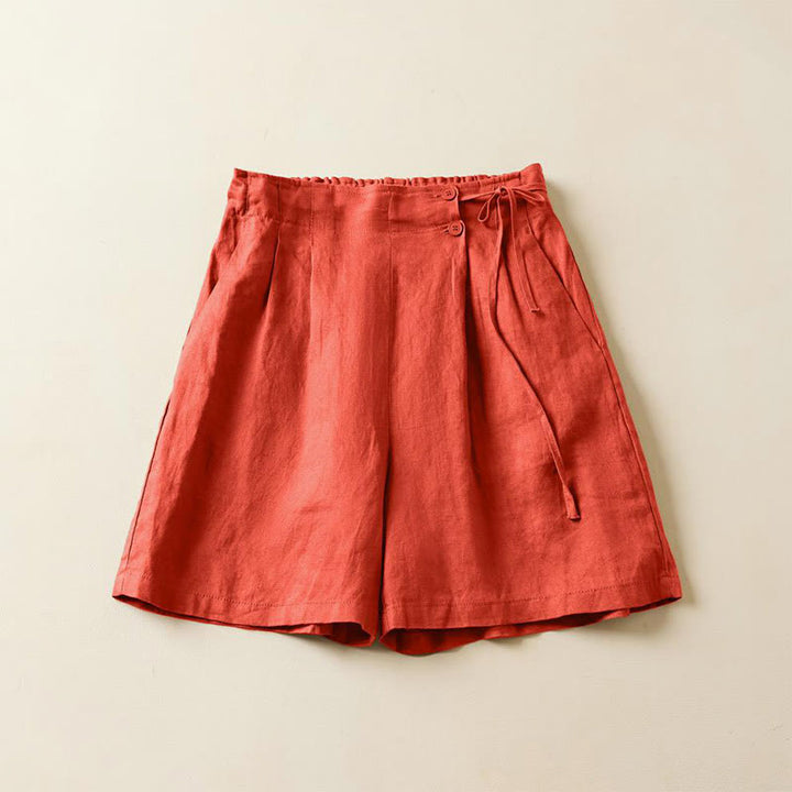 Pantaloncini da donna in cotone e lino con lacci, tinta unita, due bottoni, con tasche , Buddha Stones