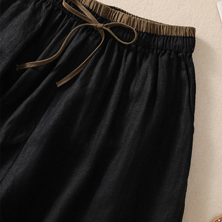 Pantaloncini da donna in cotone e lino con lacci e tasche, tinta unita, a contrasto, in vita, con Buddha Stones - image 10