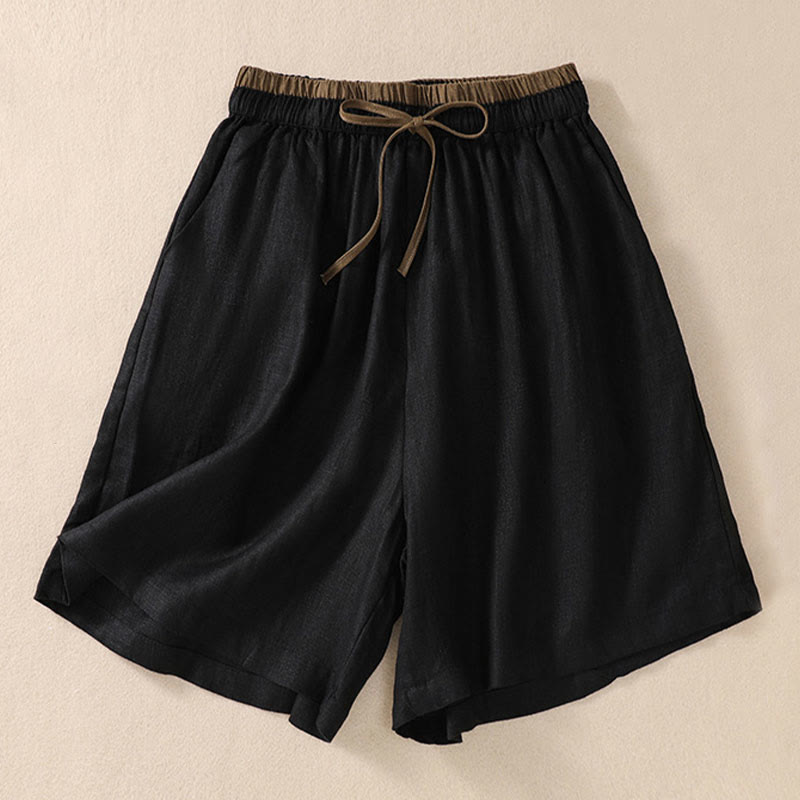Pantaloncini da donna in cotone e lino con lacci e tasche, tinta unita, a contrasto, in vita, con Buddha Stones