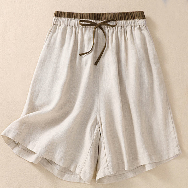 Pantaloncini da donna in cotone e lino con lacci e tasche, tinta unita, a contrasto, in vita, con Buddha Stones - image 3