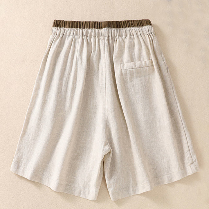 Pantaloncini da donna in cotone e lino con lacci e tasche, tinta unita, a contrasto, in vita, con Buddha Stones - image 4