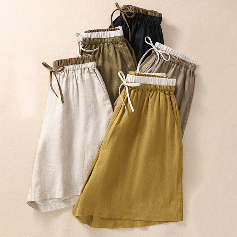 Pantaloncini da donna in cotone e lino con lacci e tasche, tinta unita, a contrasto, in vita, con Buddha Stones