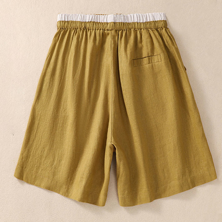 Pantaloncini da donna in cotone e lino con lacci e tasche, tinta unita, a contrasto, in vita, con Buddha Stones