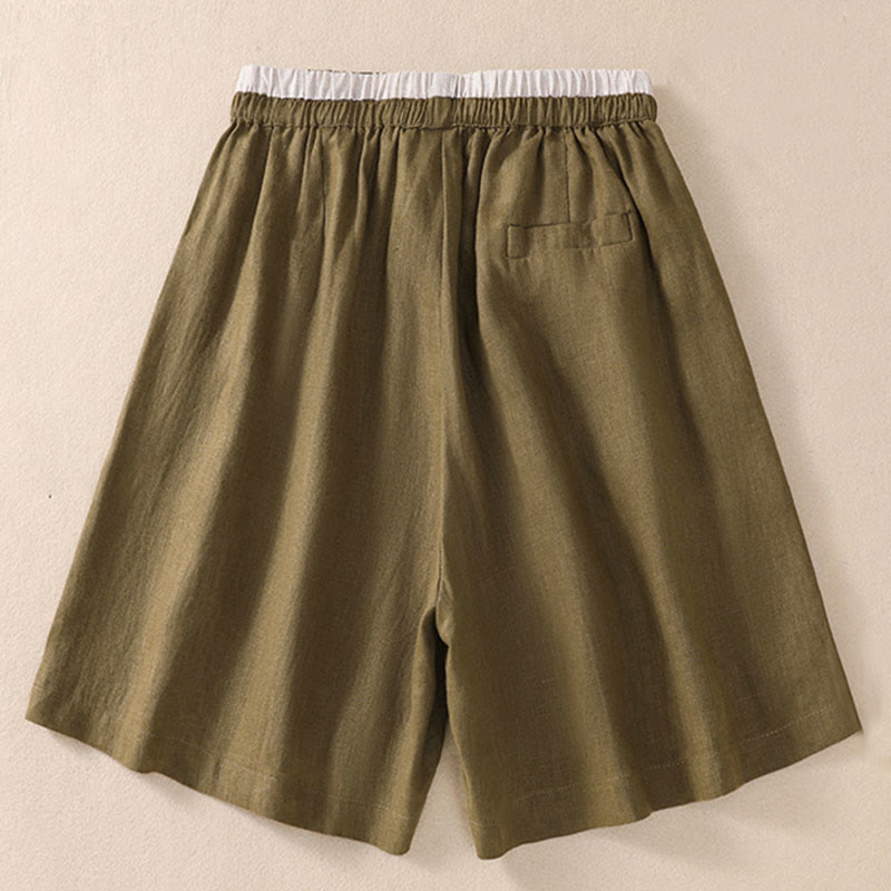 Pantaloncini da donna in cotone e lino con lacci e tasche, tinta unita, a contrasto, in vita, con Buddha Stones
