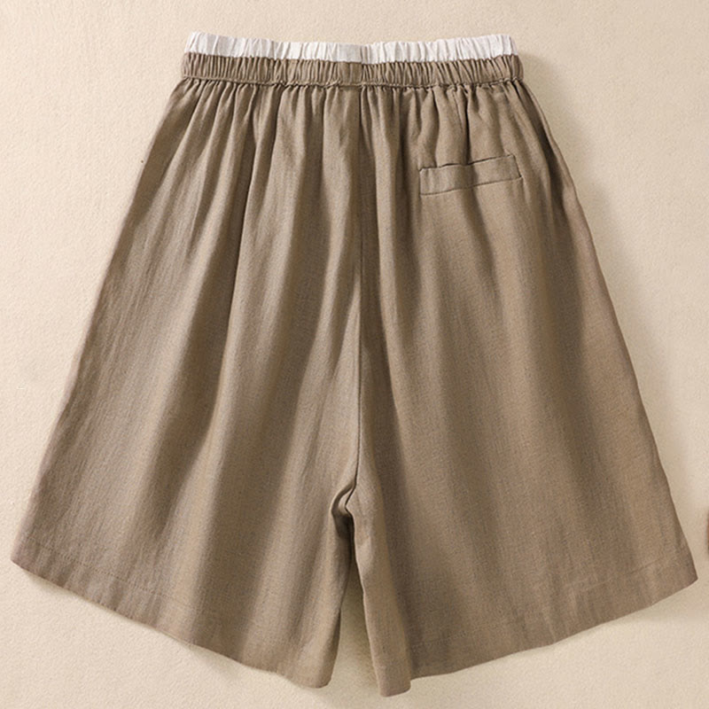 Pantaloncini da donna in cotone e lino con lacci e tasche, tinta unita, a contrasto, in vita, con Buddha Stones - image 2