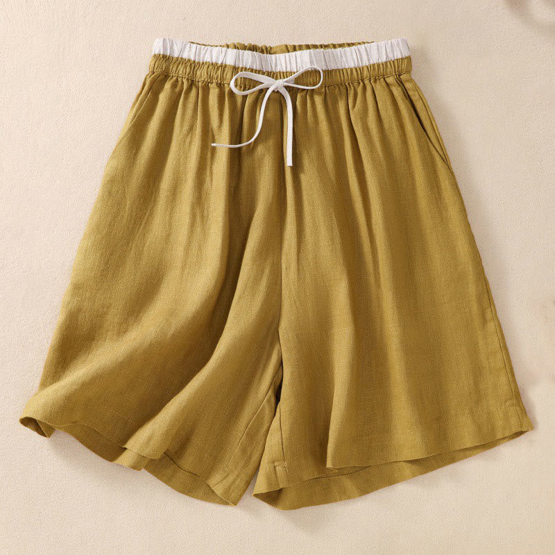 Pantaloncini da donna in cotone e lino con lacci e tasche, tinta unita, a contrasto, in vita, con Buddha Stones