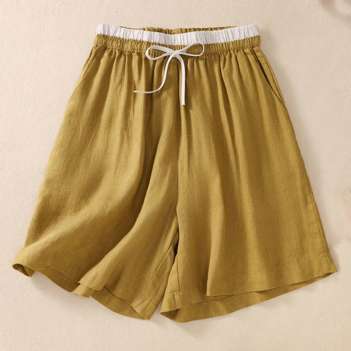 Pantaloncini da donna in cotone e lino con lacci e tasche, tinta unita, a contrasto, in vita, con Buddha Stones