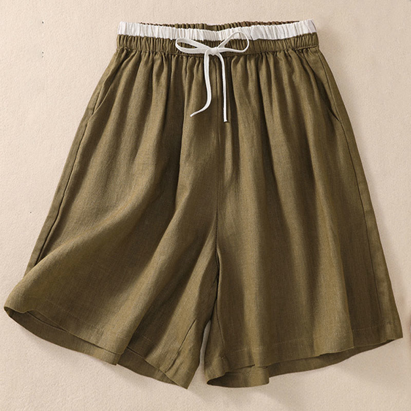 Pantaloncini da donna in cotone e lino con lacci e tasche, tinta unita, a contrasto, in vita, con Buddha Stones