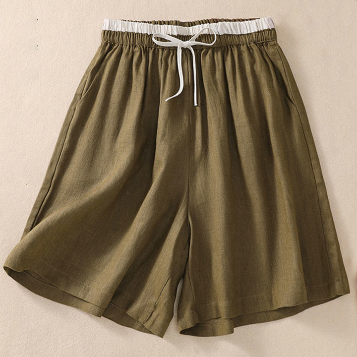 Pantaloncini da donna in cotone e lino con lacci e tasche, tinta unita, a contrasto, in vita, con Buddha Stones
