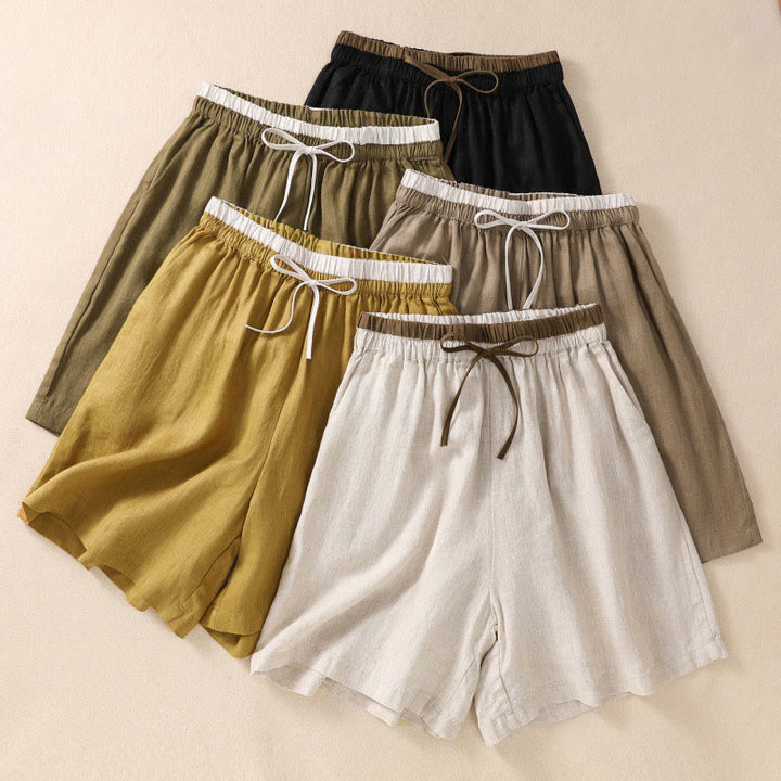 Pantaloncini da donna in cotone e lino con lacci e tasche, tinta unita, a contrasto, in vita, con Buddha Stones - image 0