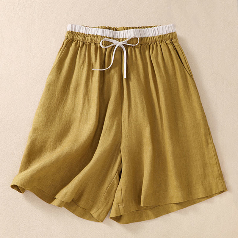 Pantaloncini da donna in cotone e lino con lacci e tasche, tinta unita, a contrasto, in vita, con Buddha Stones