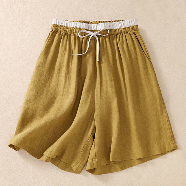 Pantaloncini da donna in cotone e lino con lacci e tasche, tinta unita, a contrasto, in vita, con Buddha Stones