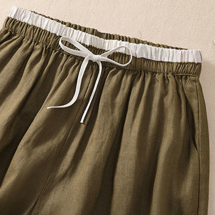 Pantaloncini da donna in cotone e lino con lacci e tasche, tinta unita, a contrasto, in vita, con Buddha Stones
