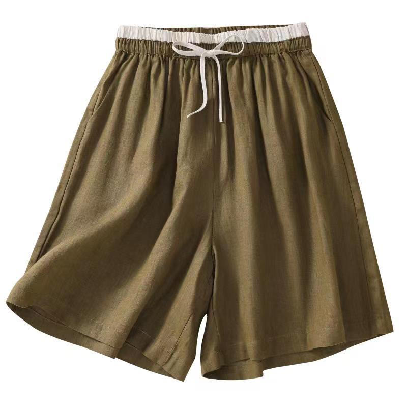 Pantaloncini da donna in cotone e lino con lacci e tasche, tinta unita, a contrasto, in vita, con Buddha Stones