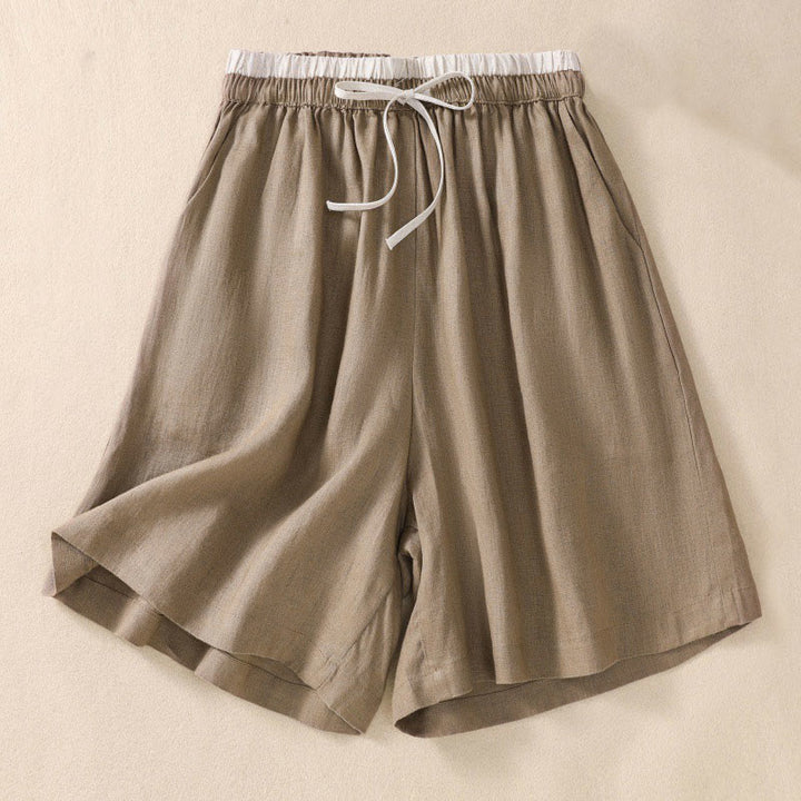 Pantaloncini da donna in cotone e lino con lacci e tasche, tinta unita, a contrasto, in vita, con Buddha Stones - image 1