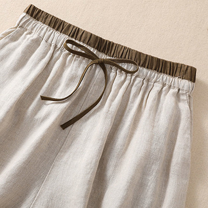 Pantaloncini da donna in cotone e lino con lacci e tasche, tinta unita, a contrasto, in vita, con Buddha Stones