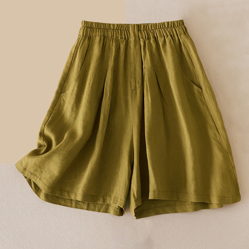 Pantaloncini da donna in lino di cotone tinta unita casual Buddha Stones con tasche - GialloVerde - US12, UK/AU16, EU44 (3XL) - image 9