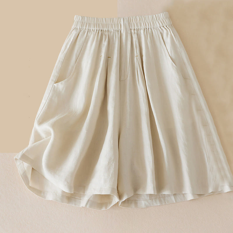 Pantaloncini da donna in lino di cotone tinta unita casual Buddha Stones con tasche - Beige - US12, UK/AU16, EU44 (3XL) - image 0