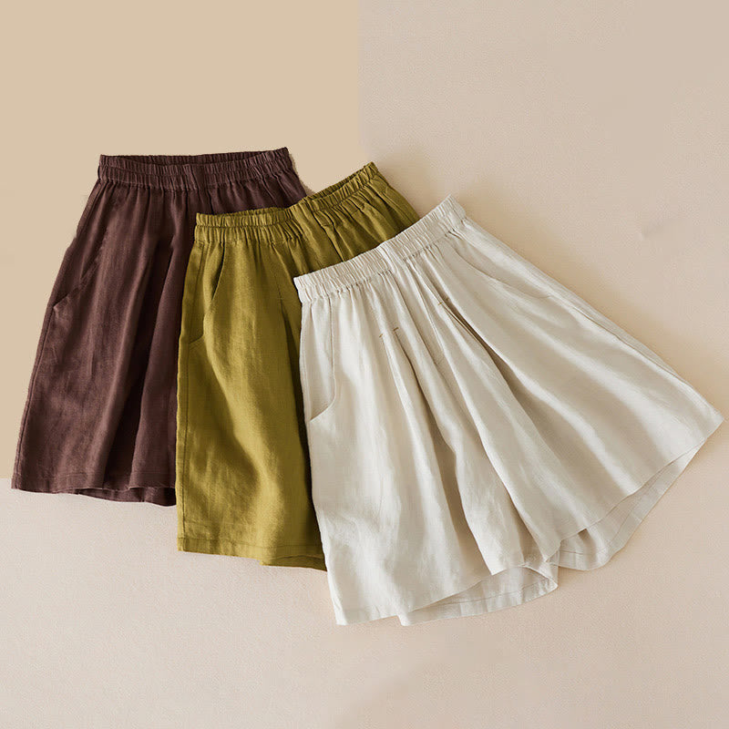Pantaloncini da donna in lino di cotone tinta unita casual Buddha Stones con tasche - image 1