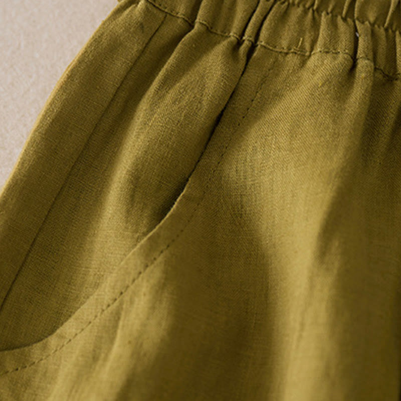 Pantaloncini da donna in lino di cotone tinta unita casual Buddha Stones con tasche - image 11