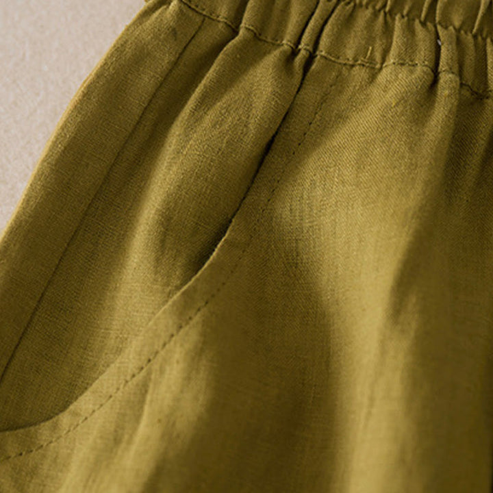 Pantaloncini da donna in lino di cotone tinta unita casual Buddha Stones con tasche - image 11