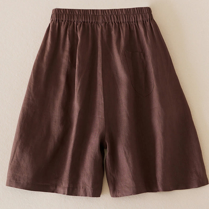 Pantaloncini da donna in lino di cotone tinta unita casual Buddha Stones con tasche - image 15