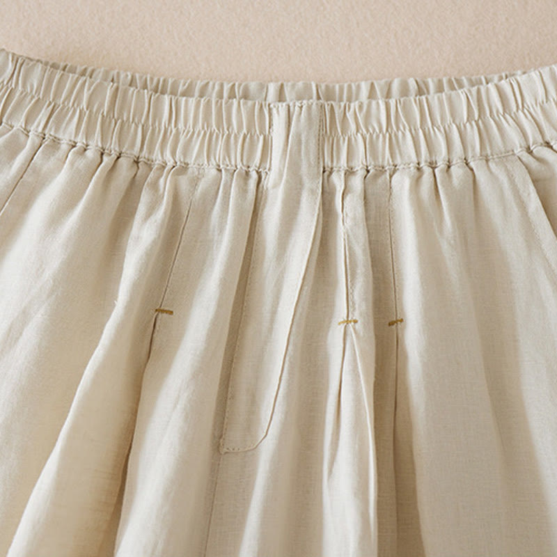 Pantaloncini da donna in lino di cotone tinta unita casual Buddha Stones con tasche - image 3