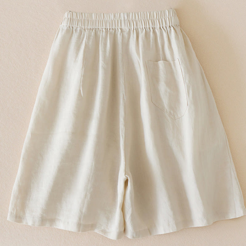 Pantaloncini da donna in lino di cotone tinta unita casual Buddha Stones con tasche - image 2