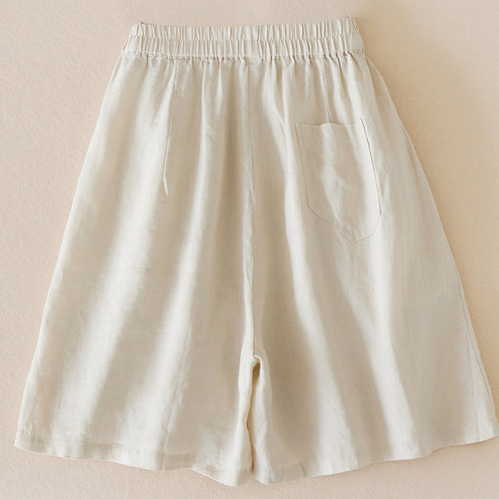 Pantaloncini da donna in lino di cotone tinta unita casual Buddha Stones con tasche - image 2