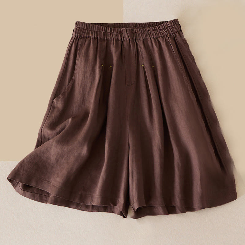 Pantaloncini da donna in lino di cotone tinta unita casual Buddha Stones con tasche - Marrone sella - US12, UK/AU16, EU44 (3XL) - image 14