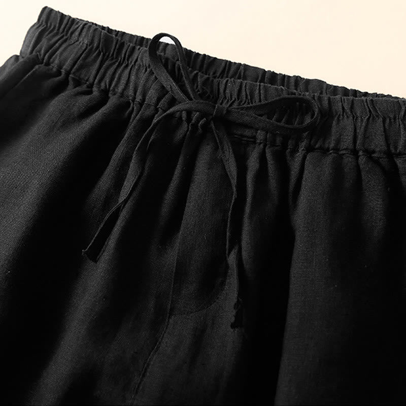 Pantaloncini da donna in cotone e lino con lacci e tasche, in tinta unita, con fondo in pizzo cavo , Buddha Stones - image 18