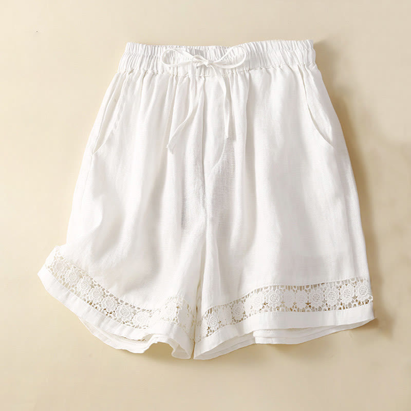Pantaloncini da donna in cotone e lino con lacci e tasche, in tinta unita, con fondo in pizzo cavo , Buddha Stones - Bianco - US12, UK/AU16, EU44 (3XL) - image 11