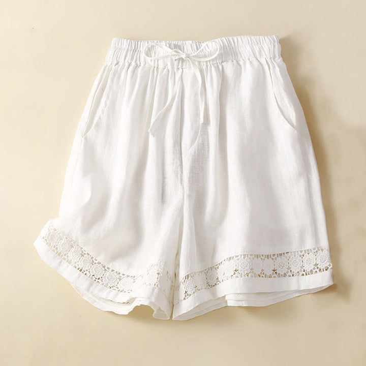 Pantaloncini da donna in cotone e lino con lacci e tasche, in tinta unita, con fondo in pizzo cavo , Buddha Stones - Bianco - US12, UK/AU16, EU44 (3XL) - image 11
