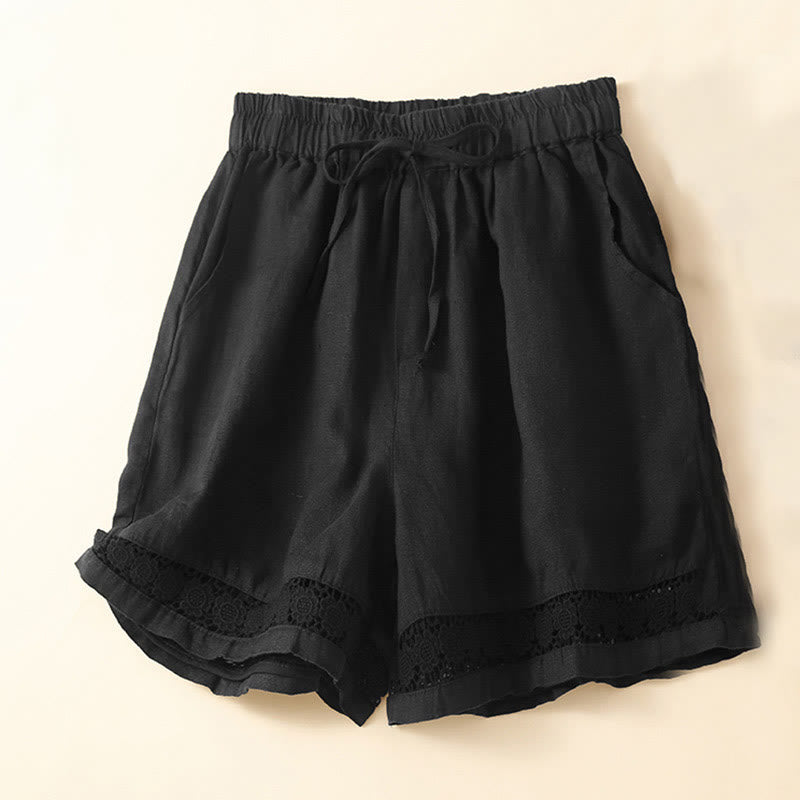 Pantaloncini da donna in cotone e lino con lacci e tasche, in tinta unita, con fondo in pizzo cavo , Buddha Stones - Nero - US12, UK/AU16, EU44 (3XL) - image 17