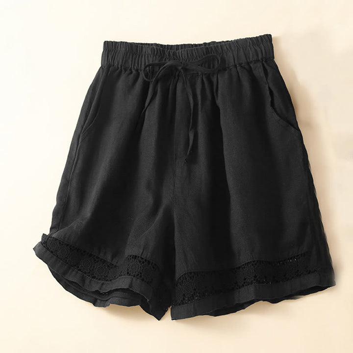 Pantaloncini da donna in cotone e lino con lacci e tasche, in tinta unita, con fondo in pizzo cavo , Buddha Stones - Nero - US12, UK/AU16, EU44 (3XL) - image 17