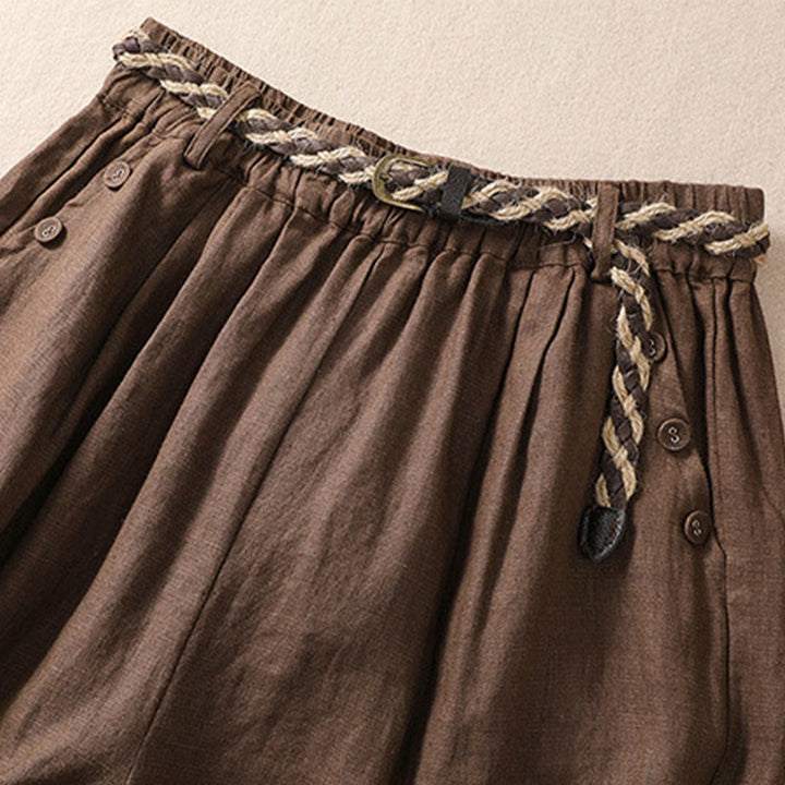 Buddha Stones Casual Tinta Unita Risvolta Polsino Cintura Cotone Lino Pantaloncini da Donna con Tasche - image 13