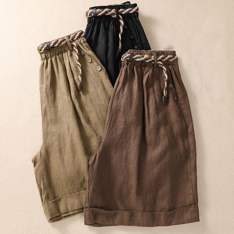 Buddha Stones Casual Tinta Unita Risvolta Polsino Cintura Cotone Lino Pantaloncini da Donna con Tasche - image 18