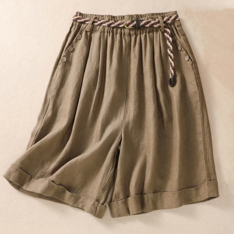 Buddha Stones Casual Tinta Unita Risvolta Polsino Cintura Cotone Lino Pantaloncini da Donna con Tasche - Cachi scuro - US8-10, UK/AU12-14, EU40-42 (2XL) - image 0