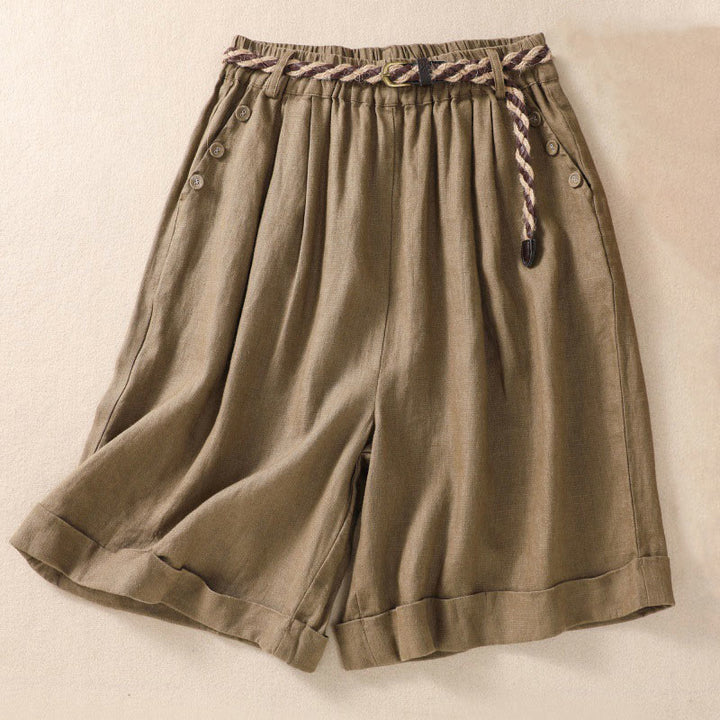 Buddha Stones Casual Tinta Unita Risvolta Polsino Cintura Cotone Lino Pantaloncini da Donna con Tasche - Cachi scuro - US8-10, UK/AU12-14, EU40-42 (2XL) - image 0