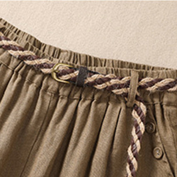 Buddha Stones Casual Tinta Unita Risvolta Polsino Cintura Cotone Lino Pantaloncini da Donna con Tasche - image 3