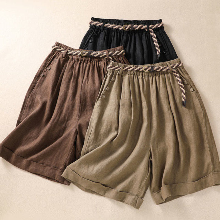 Buddha Stones Casual Tinta Unita Risvolta Polsino Cintura Cotone Lino Pantaloncini da Donna con Tasche - image 1