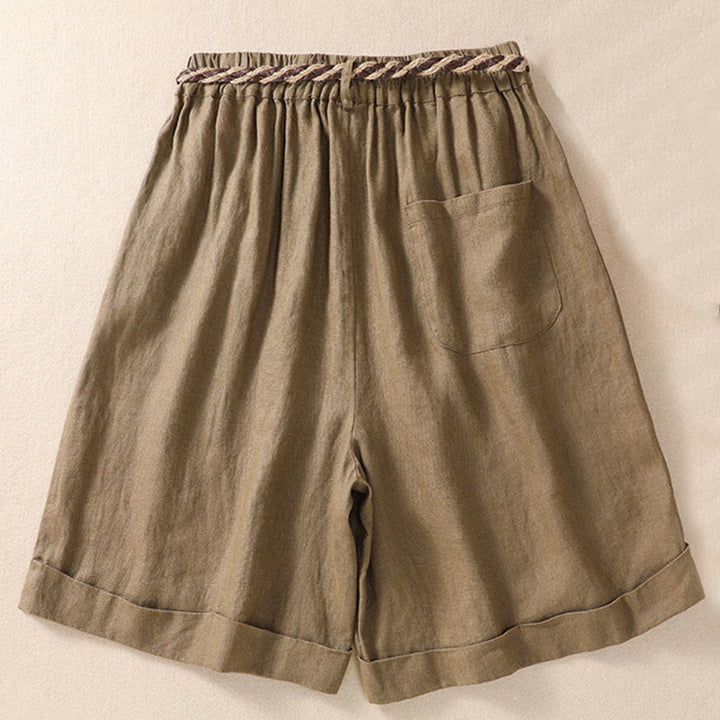 Buddha Stones Casual Tinta Unita Risvolta Polsino Cintura Cotone Lino Pantaloncini da Donna con Tasche - image 2