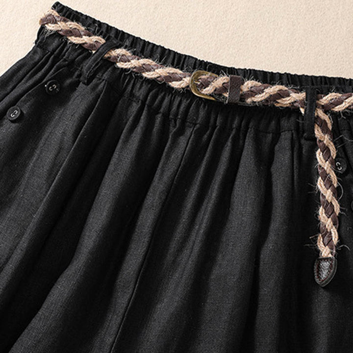 Buddha Stones Casual Tinta Unita Risvolta Polsino Cintura Cotone Lino Pantaloncini da Donna con Tasche - image 10