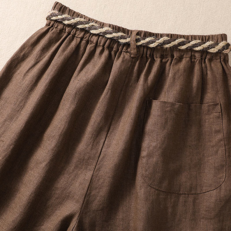 Buddha Stones Casual Tinta Unita Risvolta Polsino Cintura Cotone Lino Pantaloncini da Donna con Tasche - image 15