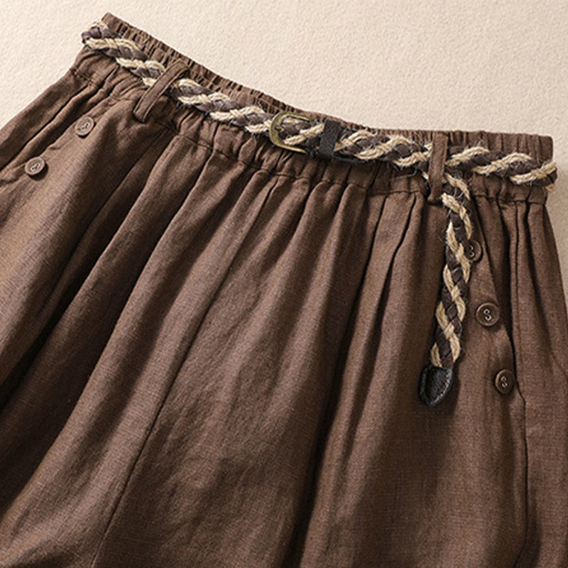 Buddha Stones Casual Tinta Unita Risvolta Polsino Cintura Cotone Lino Pantaloncini da Donna con Tasche - image 13