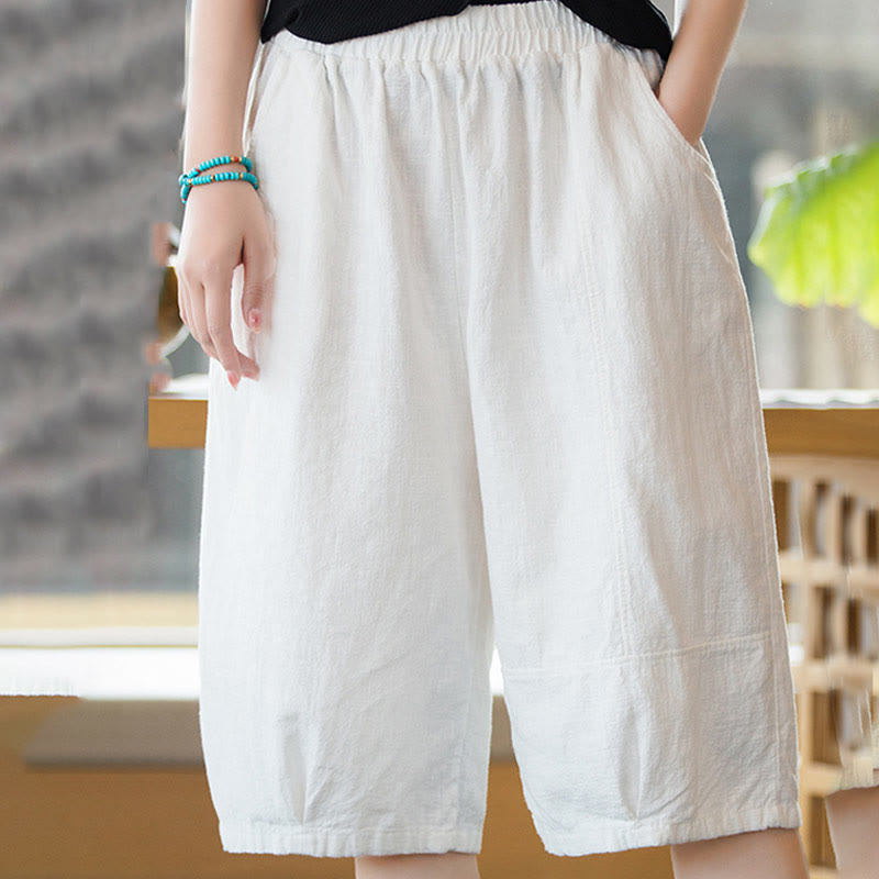 Pantaloncini da donna in cotone ramiè casual tinta unita Buddha Stones con tasche